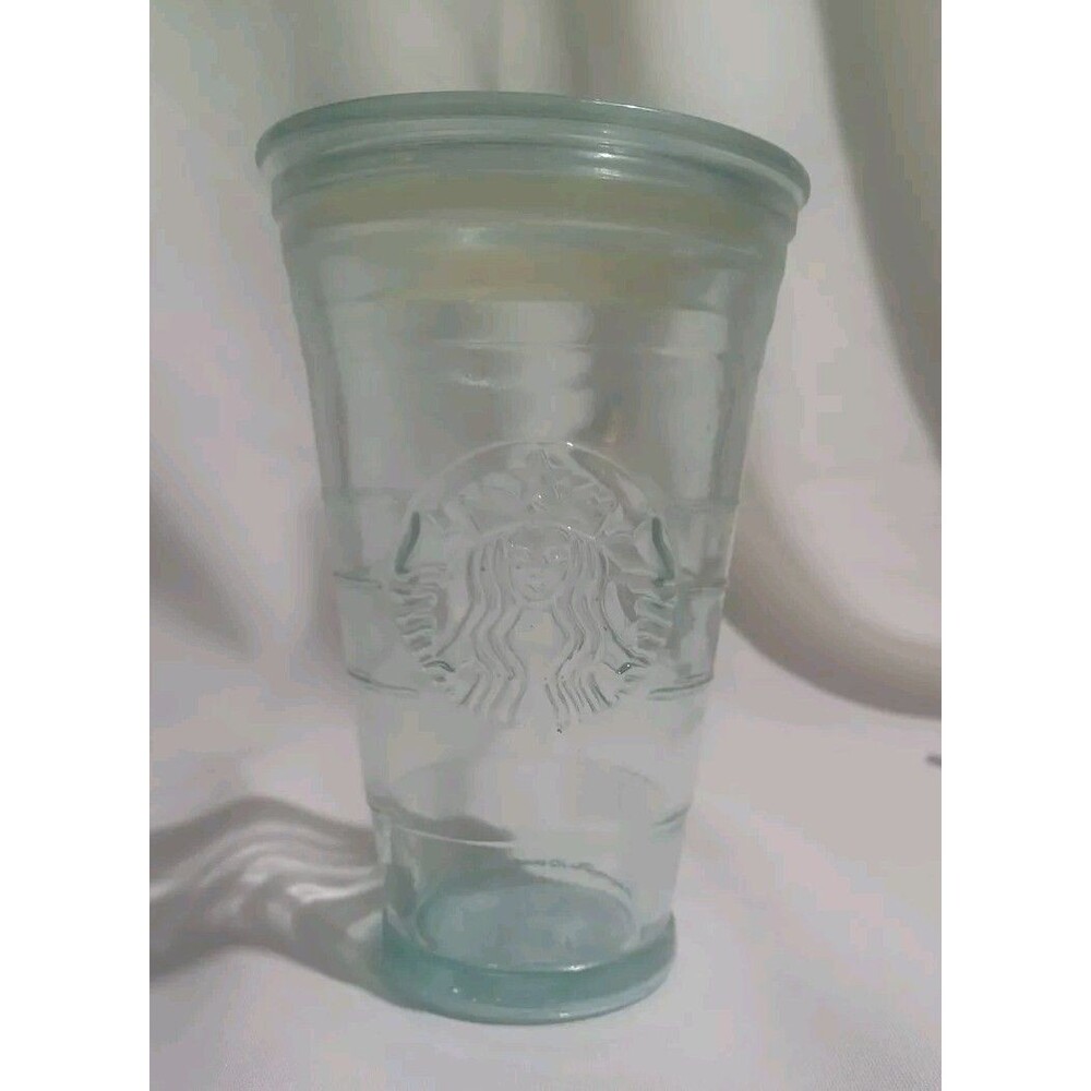 Starbucks 16oz Recycled Green glass pop on Glass lid EUC Made In Spain Rare